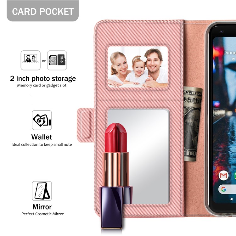 Leather Wallet Stand Cover with Card Holder and Makeup Mirror for Google Pixel 3 XL - Rose Gold-5
