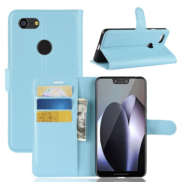 Litchi Texture Wallet Stand Leather Case Accessory for Google Pixel 3 XL / XL3 - Blue-1