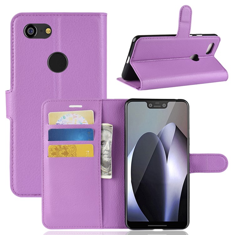Litchi Texture Wallet Stand Leather Cover Protector for Google Pixel 3 XL / XL3 - Purple-1