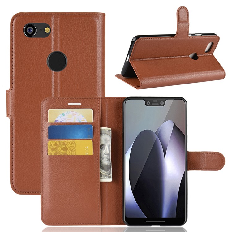 Litchi Texture Wallet Stand Leather Phone Casing Shell for Google Pixel 3 XL / XL3 - Brown-1