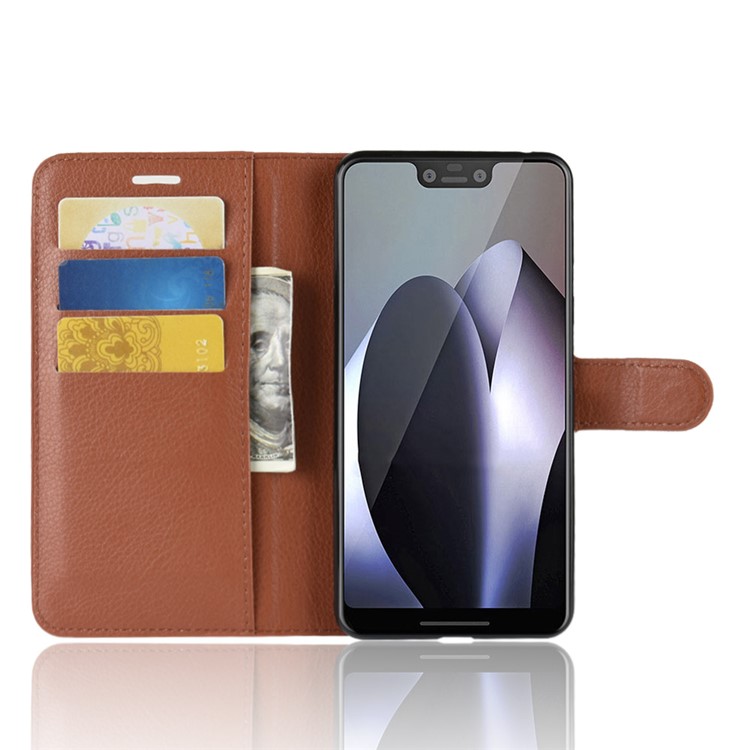 Litchi Texture Wallet Stand Leather Phone Casing Shell for Google Pixel 3 XL / XL3 - Brown-4