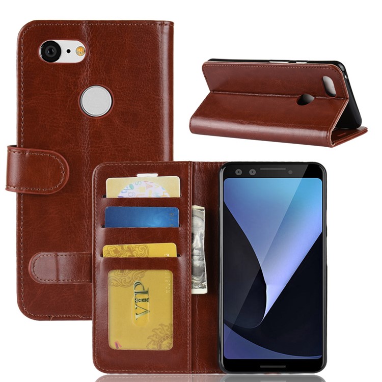 Crazy Horse Magnetic Stand Wallet Leather Mobile Phone Casing for Google Pixel 3 - Brown-1