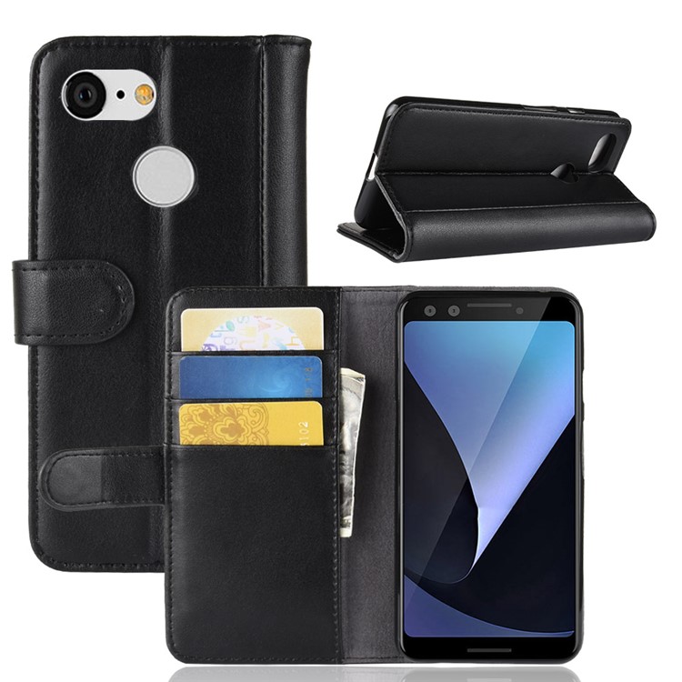 Genuine Split Leather Wallet Stand Phone Case for Google Pixel 3 - Black-1