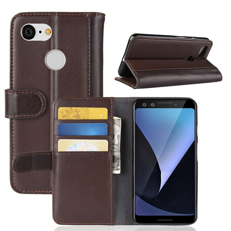 Genuine Split Leather Wallet Stand Phone Cover for Google Pixel 3 - Brown-1