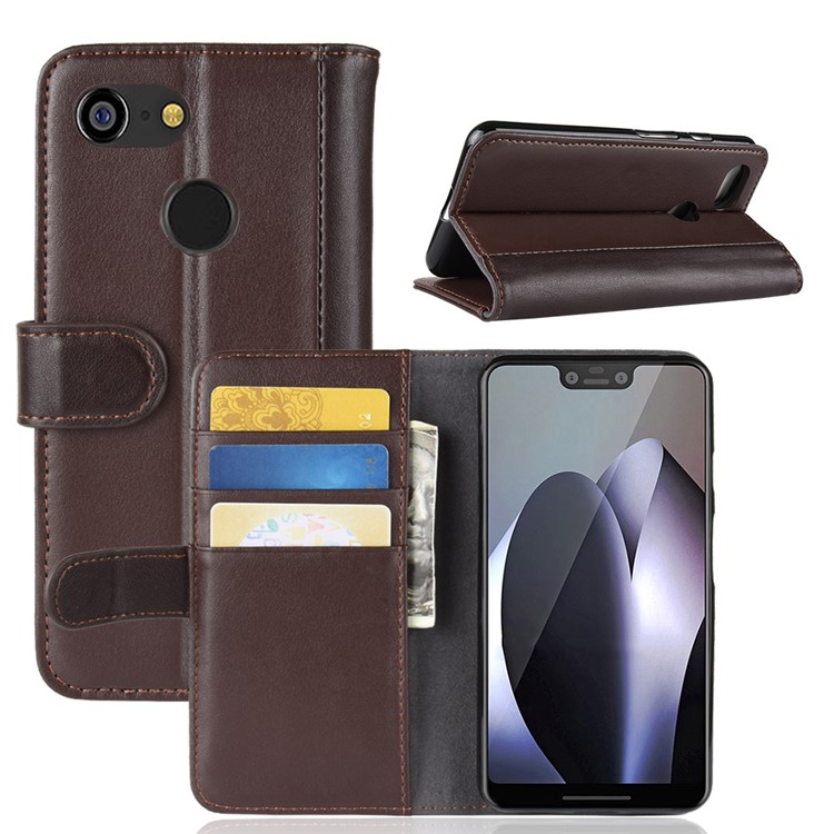 Genuine Split Leather Wallet Stand Cell Phone Cover for Google Pixel 3 XL / XL3 - Brown-1