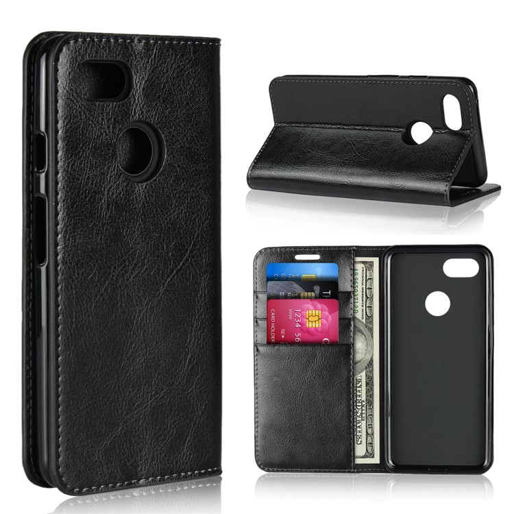 For Google Pixel 3 Crazy Horse Genuine Leather Wallet Phone Case with Stand - Black-1