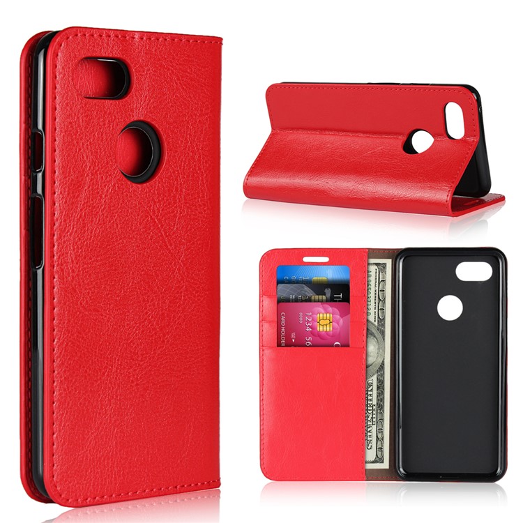 For Google Pixel 3 Crazy Horse Genuine Leather Wallet Phone Shell with Stand - Red-1
