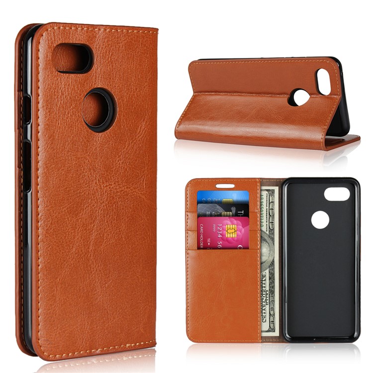 For Google Pixel 3 Crazy Horse Genuine Leather Wallet Case Cover with Stand - Brown-1