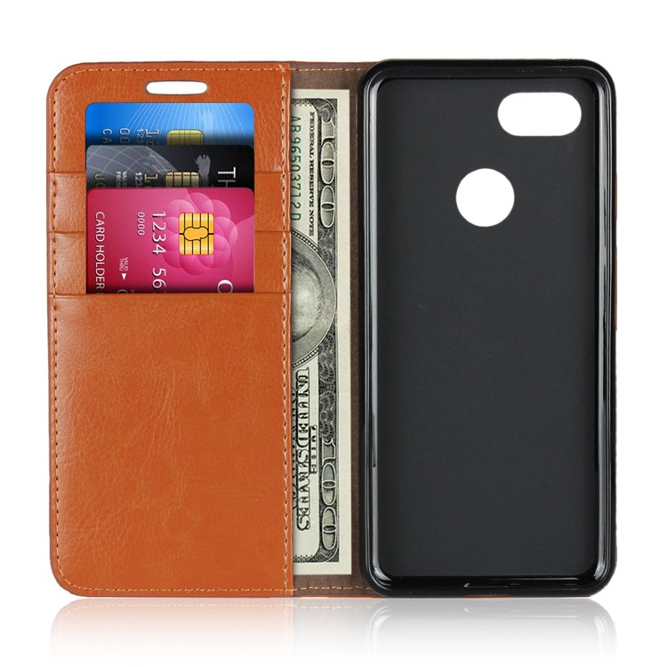 For Google Pixel 3 Crazy Horse Genuine Leather Wallet Case Cover with Stand - Brown-4