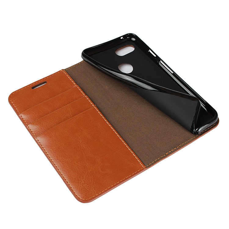 For Google Pixel 3 Crazy Horse Genuine Leather Wallet Case Cover with Stand - Brown-6