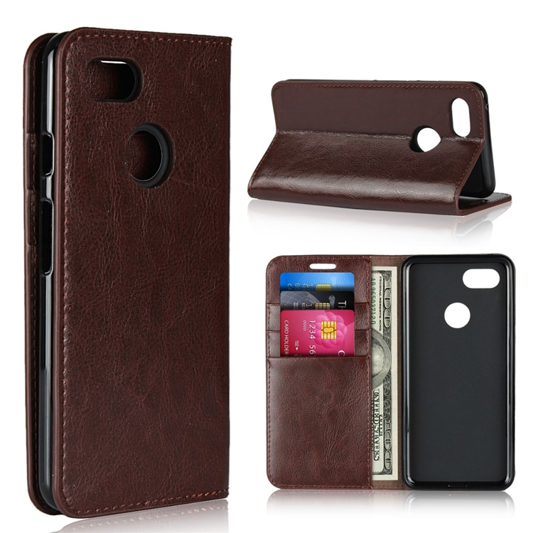 For Google Pixel 3 Crazy Horse Genuine Leather Wallet Mobile Casing with Stand - Coffee-1