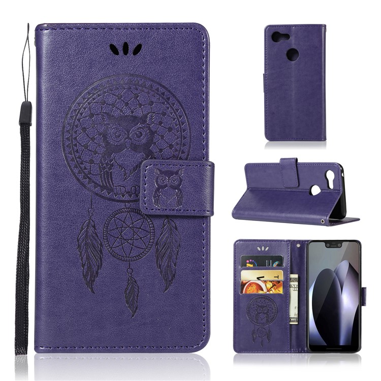 Imprint Owl Dream Catcher Card Holder Leather Phone Casing for Google Pixel 3 XL / XL 3 - Purple-1