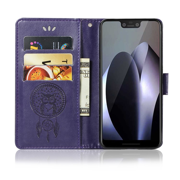 Imprint Owl Dream Catcher Card Holder Leather Phone Casing for Google Pixel 3 XL / XL 3 - Purple-4