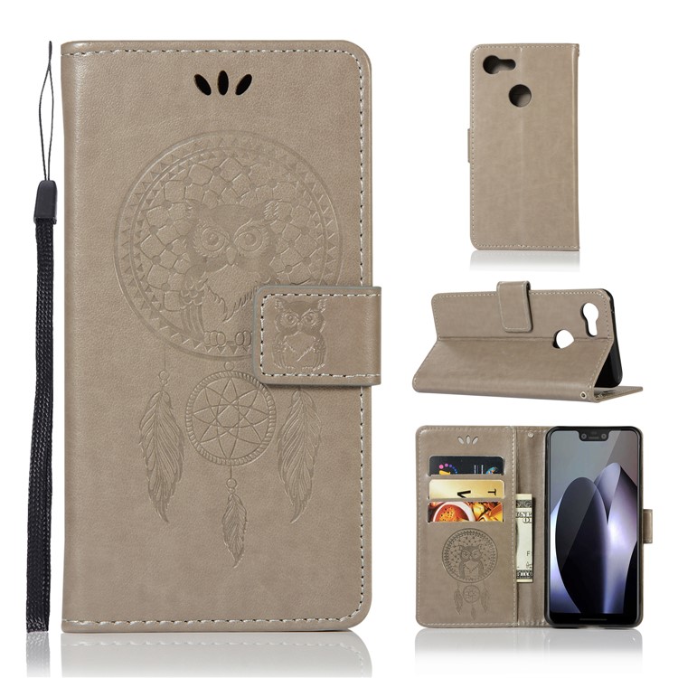 Imprinted Dream Catcher Owl Leather Wallet Cover for Google Pixel 3 - Grey-1