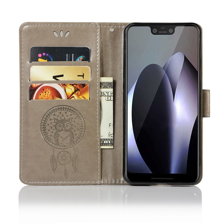 Imprinted Dream Catcher Owl Leather Wallet Cover for Google Pixel 3 - Grey-4