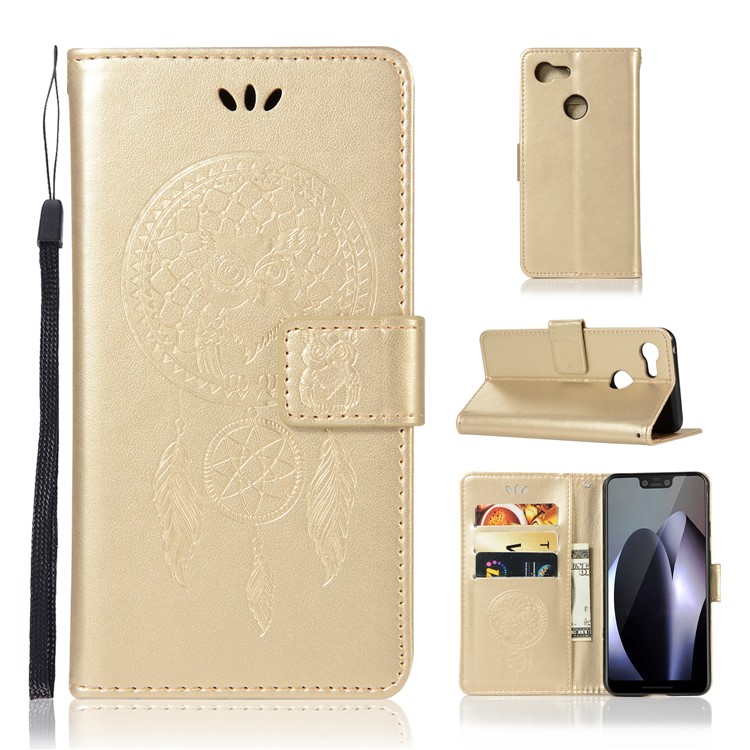 Imprinted Dream Catcher Owl Leather Wallet Shell Case for Google Pixel 3 - Gold-1