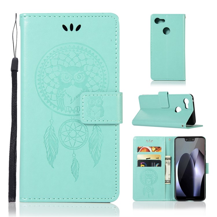 Imprinted Dream Catcher Owl Magnetic Leather Wallet Case for Google Pixel 3 - Cyan-1