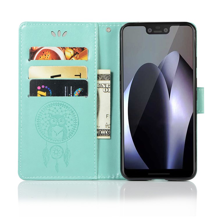 Imprinted Dream Catcher Owl Magnetic Leather Wallet Case for Google Pixel 3 - Cyan-4