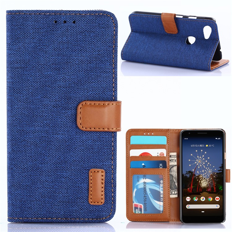 Jeans Cloth Leather Wallet Case for Google Pixel 3a - Baby Blue-1