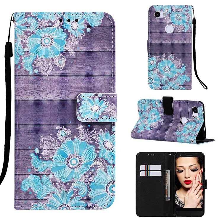 Pattern Printing Leather Stand Phone Cover for Google Pixel 3a XL - Blue Flower-1