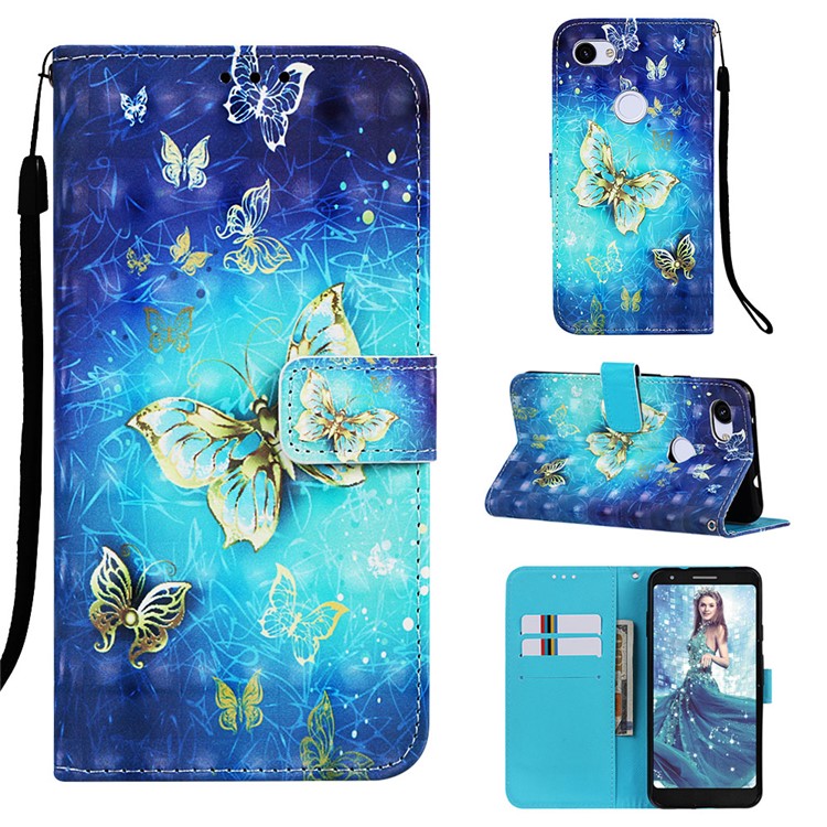 Pattern Printing Leather Stand Phone Cover for Google Pixel 3a - Gold and Blue Butterfly-1