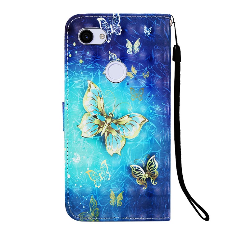 Pattern Printing Leather Stand Phone Cover for Google Pixel 3a - Gold and Blue Butterfly-3