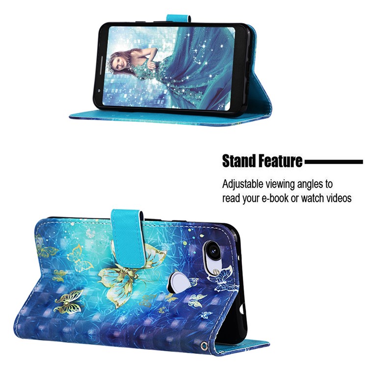 Pattern Printing Leather Stand Phone Cover for Google Pixel 3a - Gold and Blue Butterfly-4