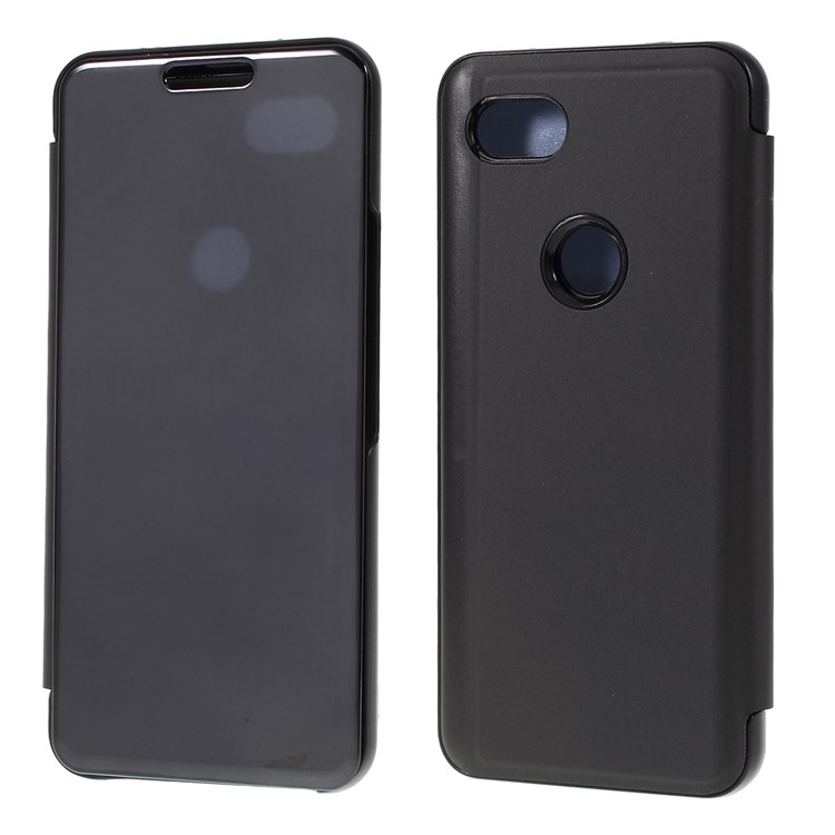 View Window Plated Mirror Surface Leather Phone Case Cover for Google Pixel 3a - Black-1