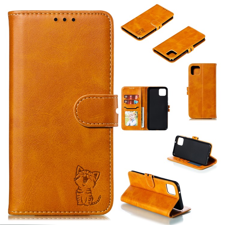 Imprinted Cat Pattern Leather Wallet Stand Case for Google Pixel 4 - Brown-1
