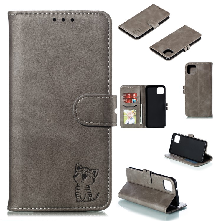 Imprinted Cat Pattern Leather Wallet Stand Case for Google Pixel 4 - Grey-1