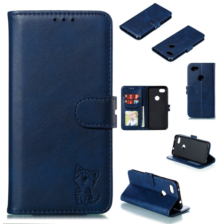 Imprinted Cat Pattern Leather Wallet Stand Case for Google Pixel 3a XL - Blue-1