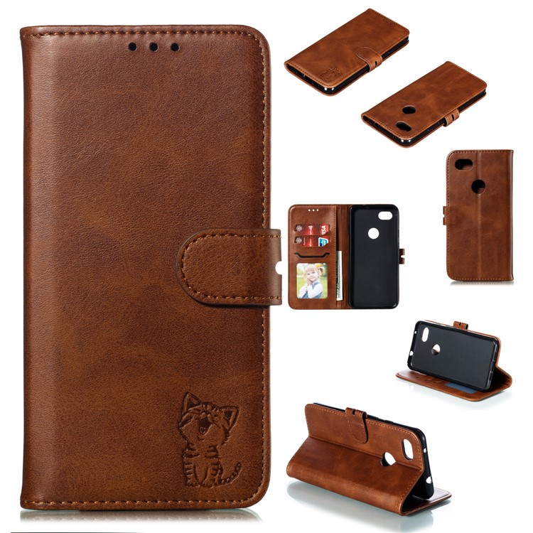 Imprinted Cat Pattern Leather Wallet Stand Case for Google Pixel 3a XL - Coffee-1