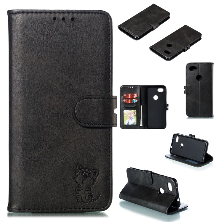 Imprinted Cat Pattern Leather Wallet Stand Case for Google Pixel 3a XL - Black-1