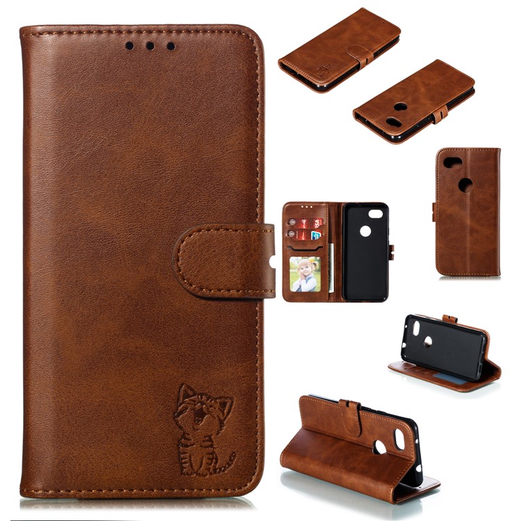 Imprinted Cat Pattern Wallet Leather Stand Case for Google Pixel 3a - Coffee-1