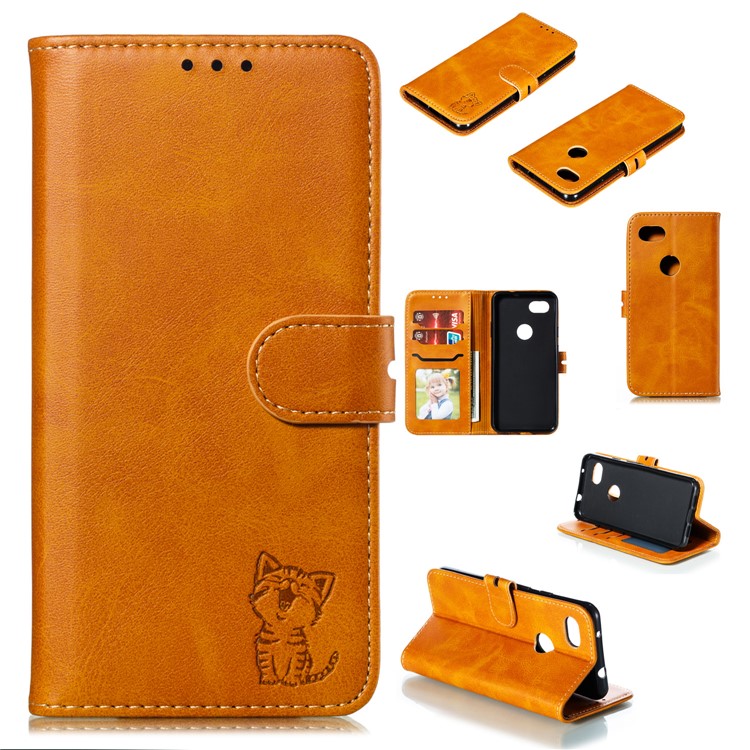 Imprinted Cat Pattern Wallet Leather Stand Case for Google Pixel 3a - Brown-1