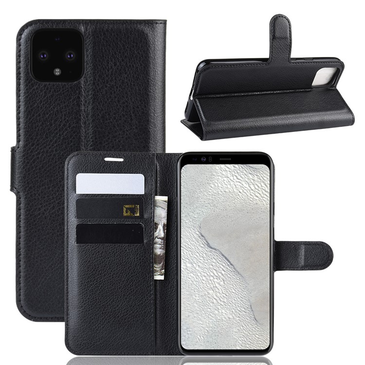 Litchi Skin Wallet Leather Stand Cell Phone Shell Case for Google Pixel 4 XL - Black-1