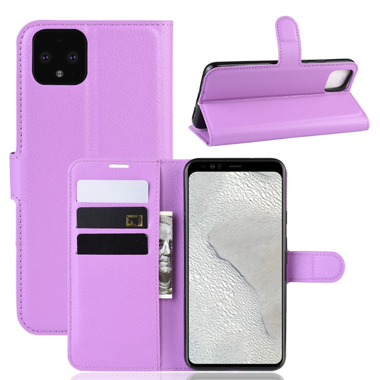 Litchi Skin Wallet Leather Stand Cell Phone Shell Case for Google Pixel 4 XL - Purple-1