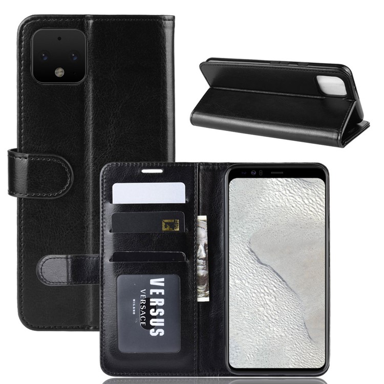 Crazy Horse Style PU Leather Stand Wallet Flip Phone Cover Shell for Google Pixel 4 - Black-1