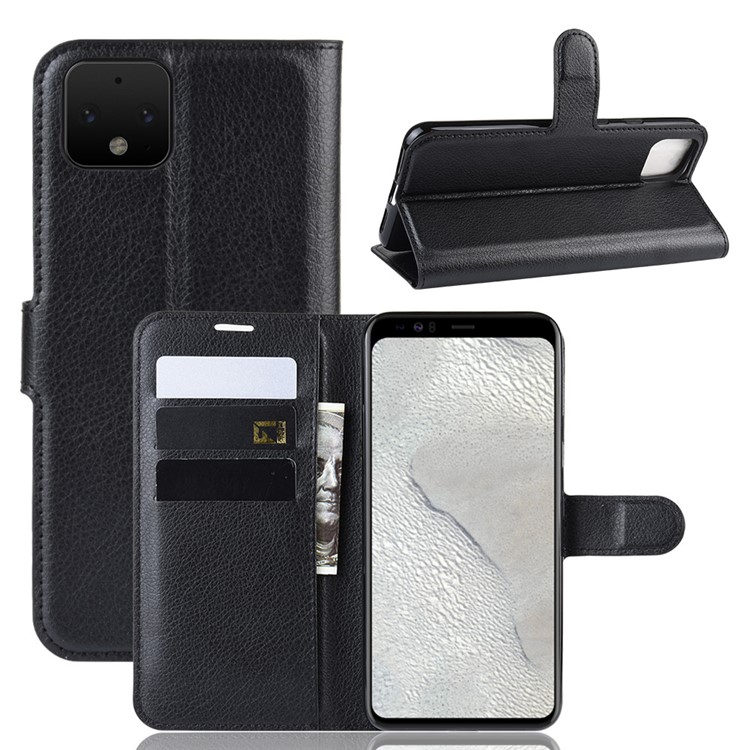 Litchi Skin Wallet Leather Stand Phone Shell Case for Google Pixel 4 - Black-1