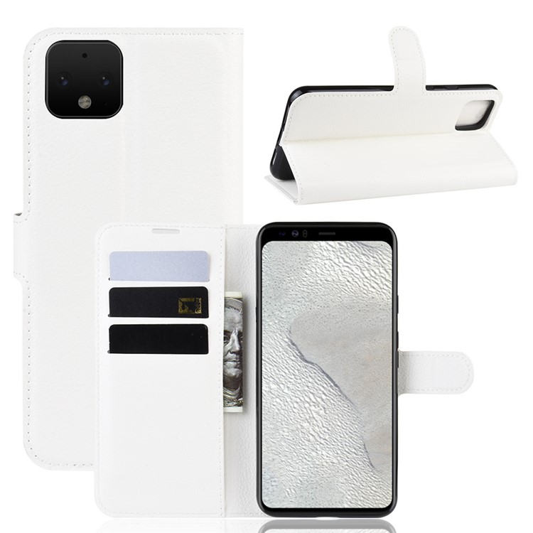 Litchi Skin Wallet Leather Stand Phone Shell Case for Google Pixel 4 - White-1