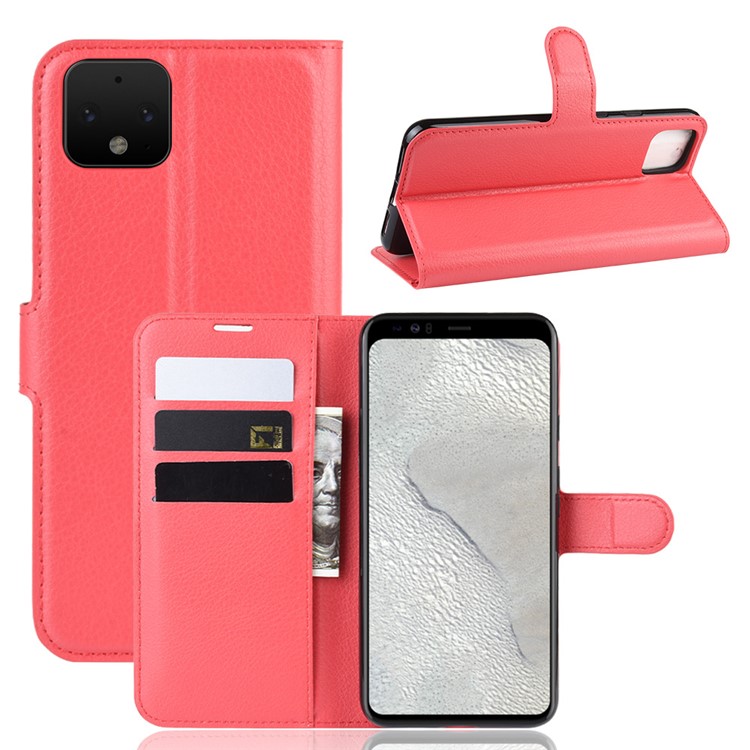 Litchi Skin Wallet Leather Stand Phone Shell Case for Google Pixel 4 - Red-1