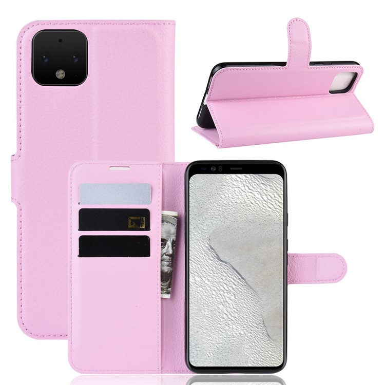 Litchi Skin Wallet Leather Stand Phone Shell Case for Google Pixel 4 - Pink-1