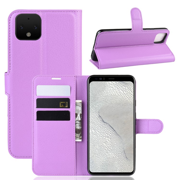 Litchi Skin Wallet Leather Stand Phone Shell Case for Google Pixel 4 - Purple-1