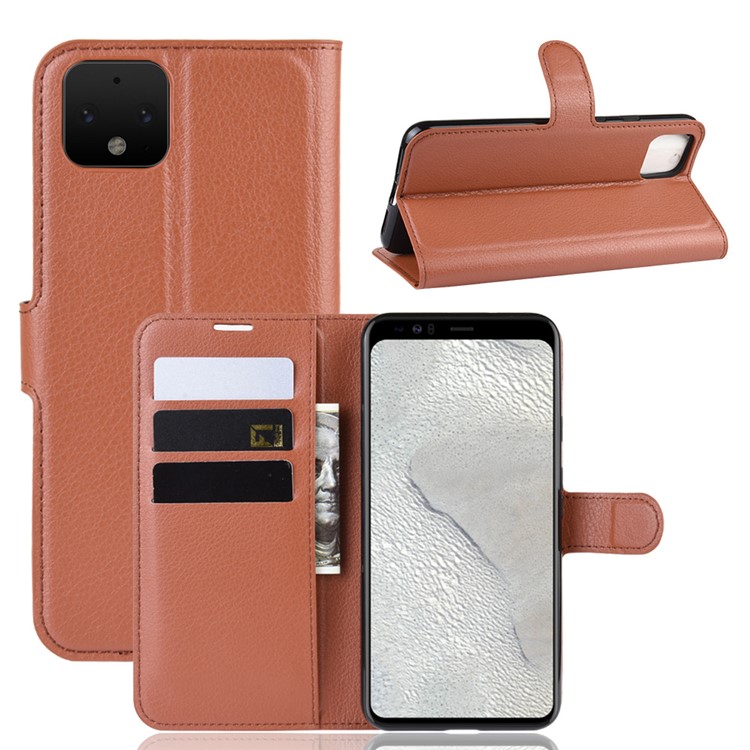 Litchi Skin Wallet Leather Stand Phone Shell Case for Google Pixel 4 - Brown-1