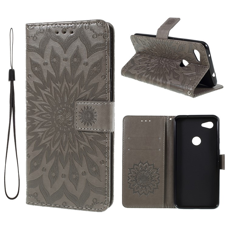 Funda De Cuero Con Estampado De Girasol Y Billetera Con Cordón Para Google Pixel 3a - Gris-1