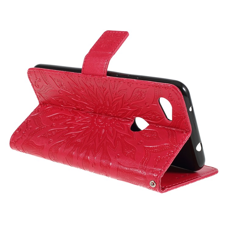 Imprint Sunflower Pattern Wallet Stand Flip Leather Case with Lanyard for Google Pixel 3a - Red-3