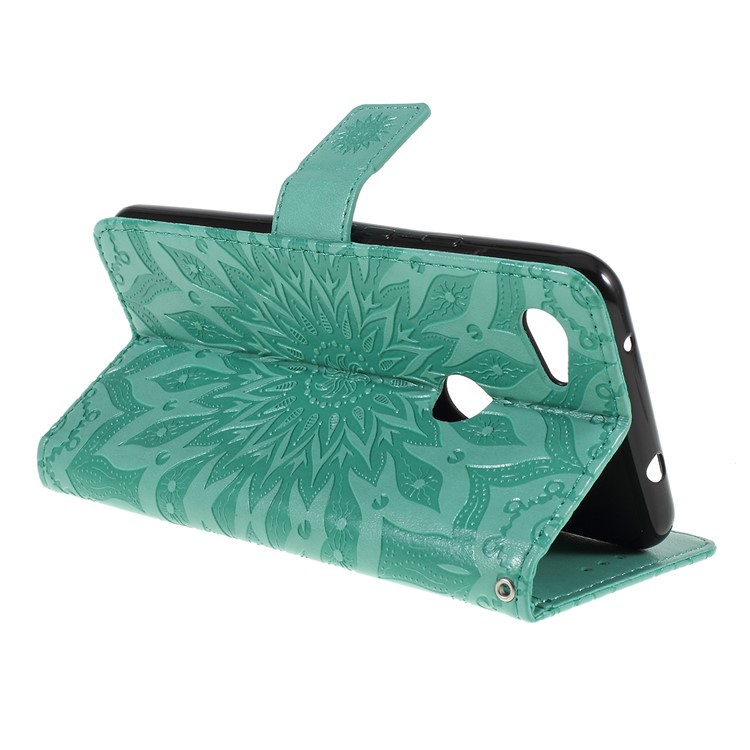 Imprint Sunflower Pattern Wallet Stand Flip Leather Case with Lanyard for Google Pixel 3a - Green-3