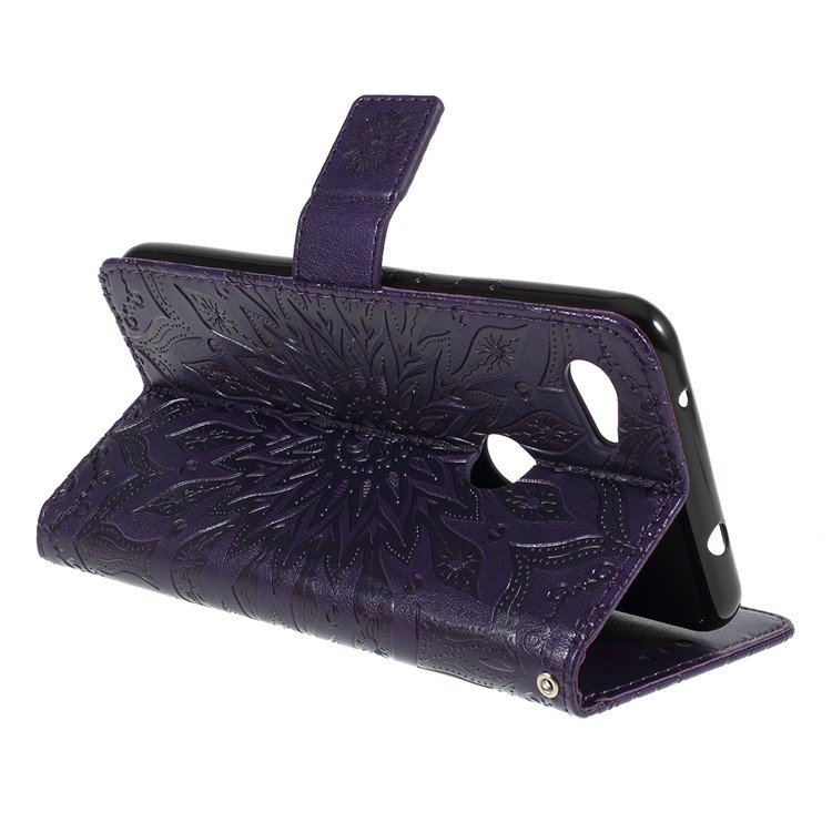 Imprint Sunflower Pattern Wallet Stand Flip Leather Case with Lanyard for Google Pixel 3a - Purple-3