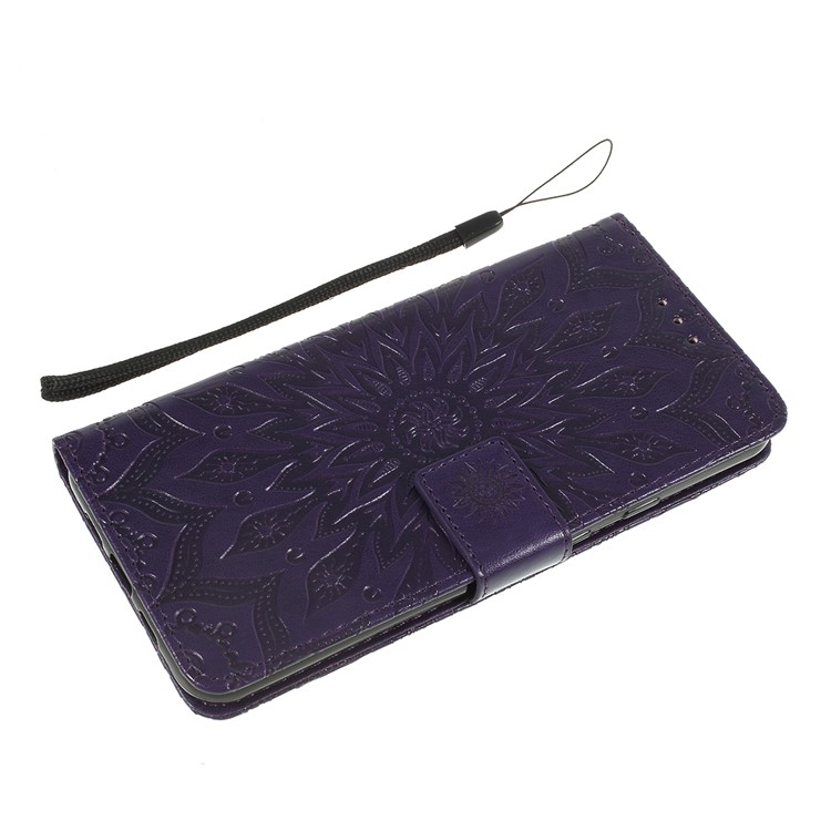 Imprint Sunflower Pattern Wallet Stand Flip Leather Case with Lanyard for Google Pixel 3a - Purple-5