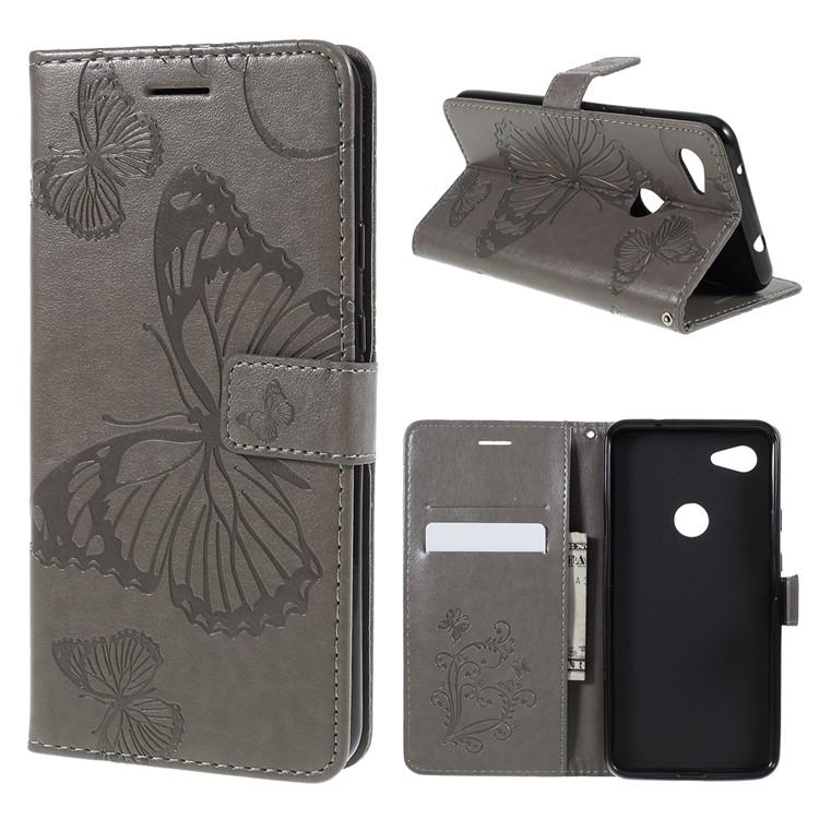 Imprinted Butterfly PU Leather Folio Flip Cover with Wallet Stand for Google Pixel 3a XL - Grey-1